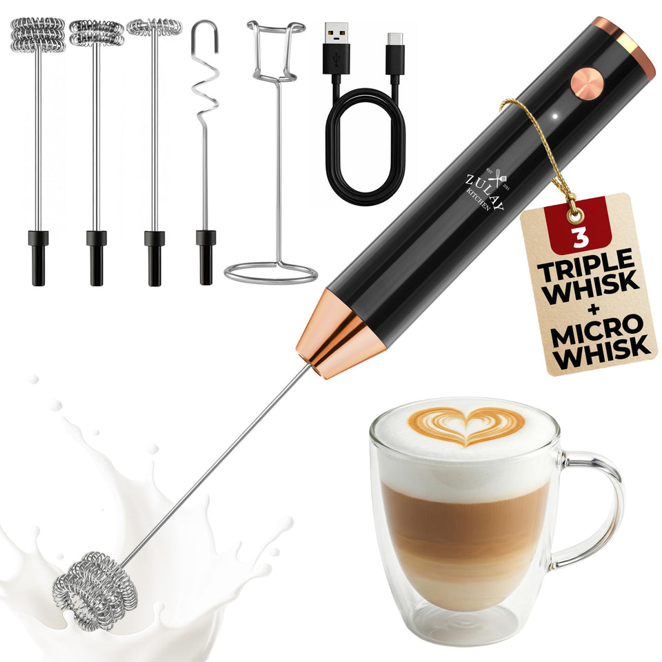Zulay Kitchen Rechargeable Milk Frother Lux 4 Whisks delivers silky cafe foam