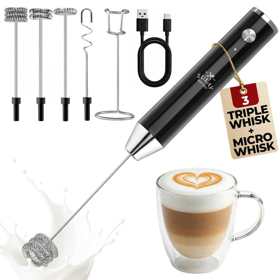 Zulay Kitchen rechargeable milk frother with Lux 4 whisk heads creates creamy latte foam.