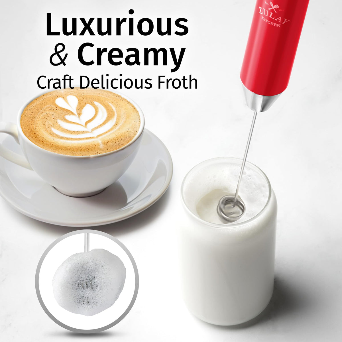 Zulay Milk Frother Lux two-speed motor for customizable latte froth.