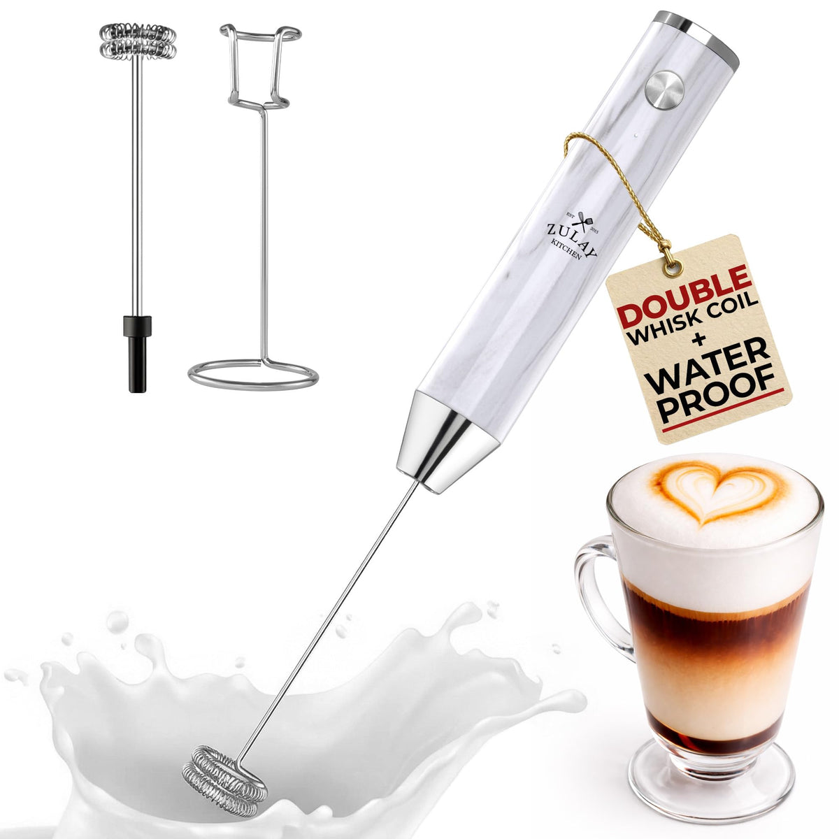 Zulay Kitchen rechargeable milk frother lux demonstrates cordless convenience for cafe-style foam at home.