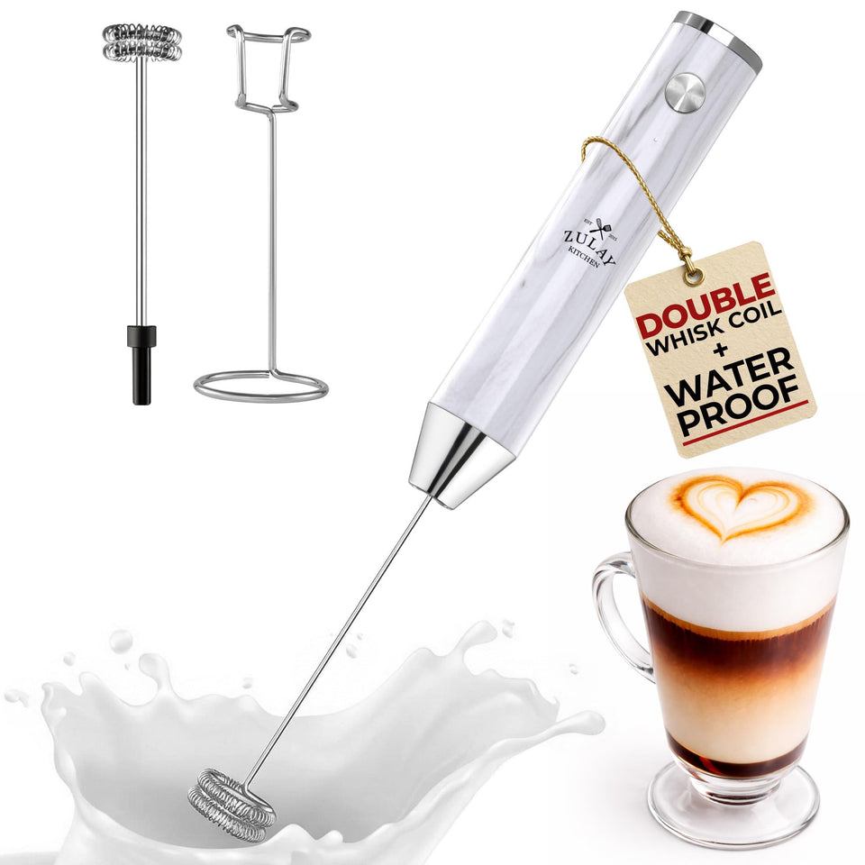 Zulay Kitchen rechargeable milk frother lux demonstrates cordless convenience for cafe-style foam at home.