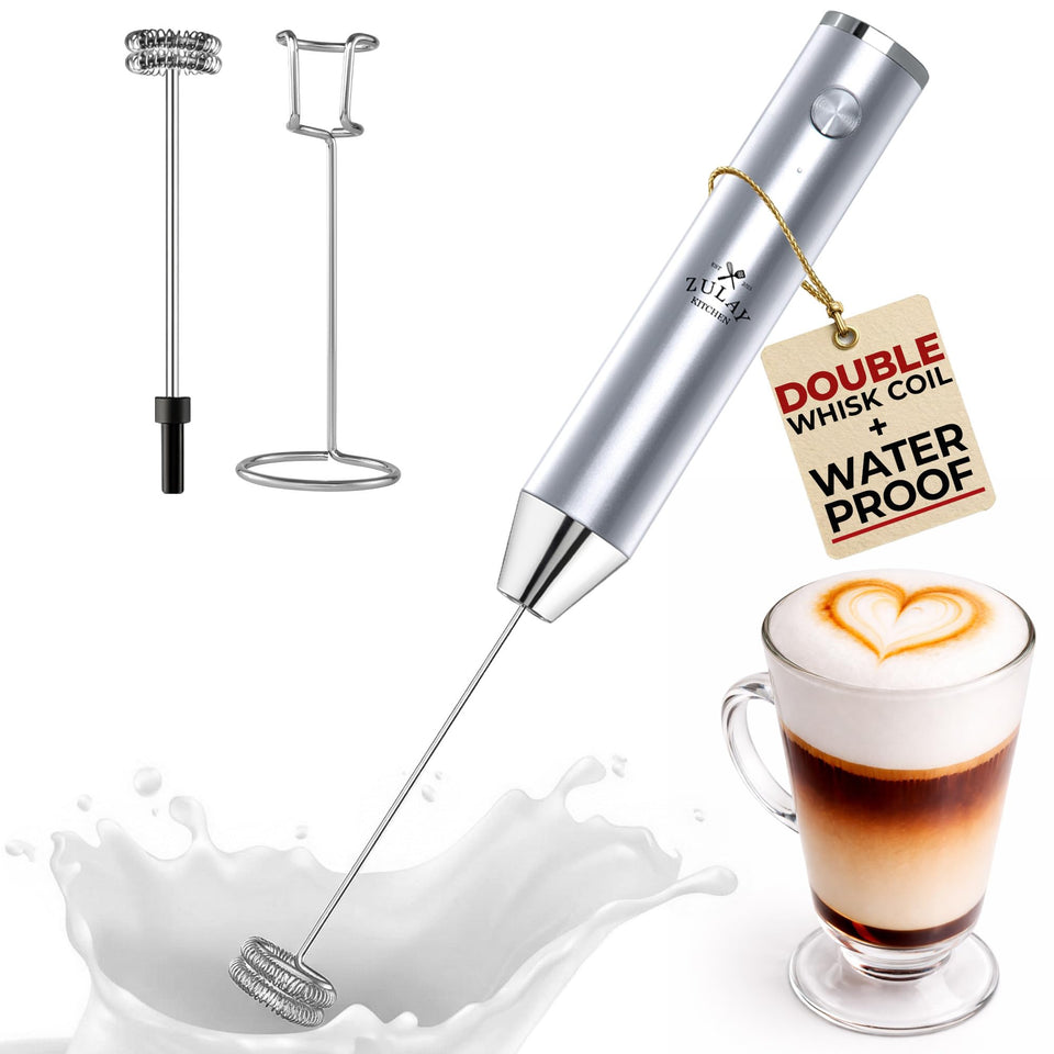 Zulay Kitchen Rechargeable Milk Frother Lux for airy latte foam at home.
