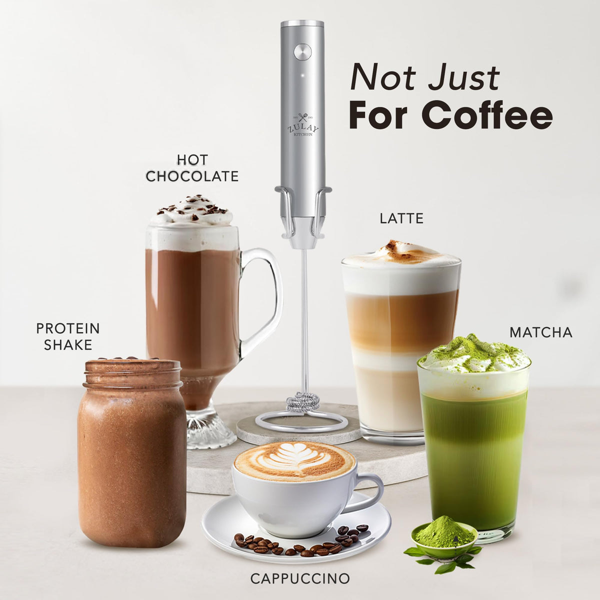 Zulay Kitchen Rechargeable Milk Frother Turbo-foam delivers thick foam for cafe drinks.