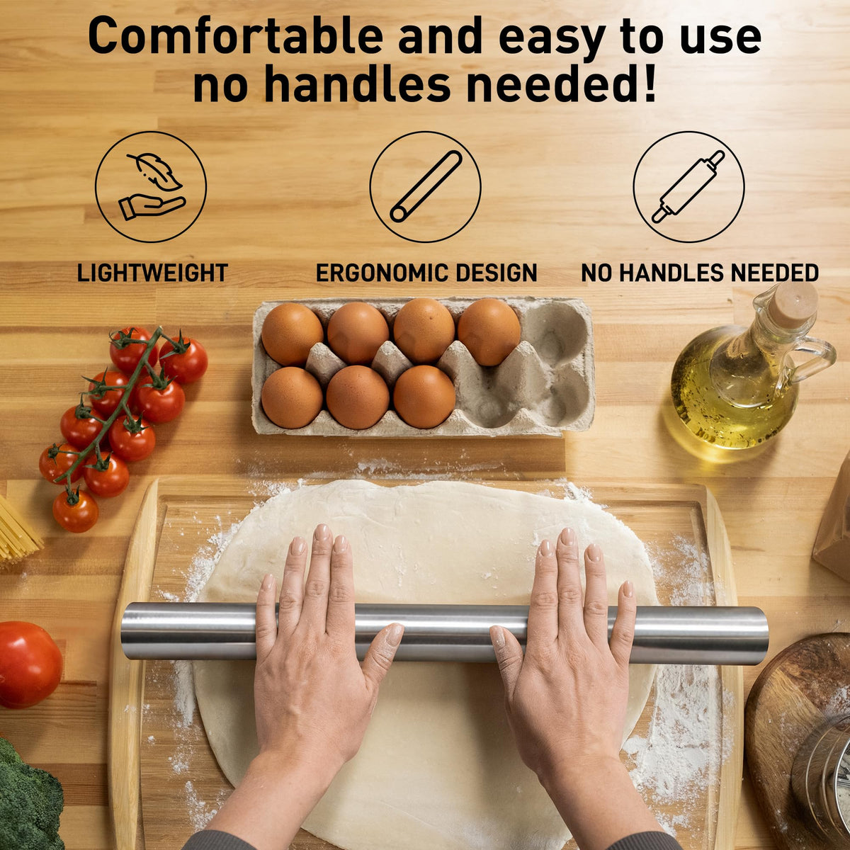 Zulay Kitchen rolling pin handleless design simplifies cleanup and reduces crevices.