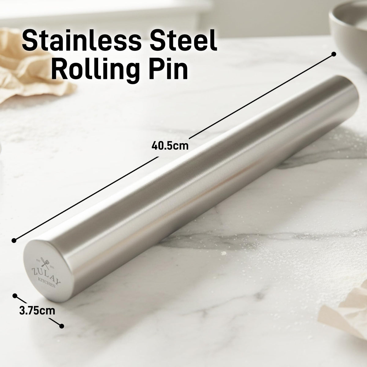 Zulay Kitchen stainless steel rolling pin demonstrates durability and rust resistance for year-round baking.