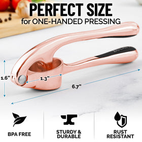 Zulay Kitchen rose gold garlic press with silicone peeler for fast prep
