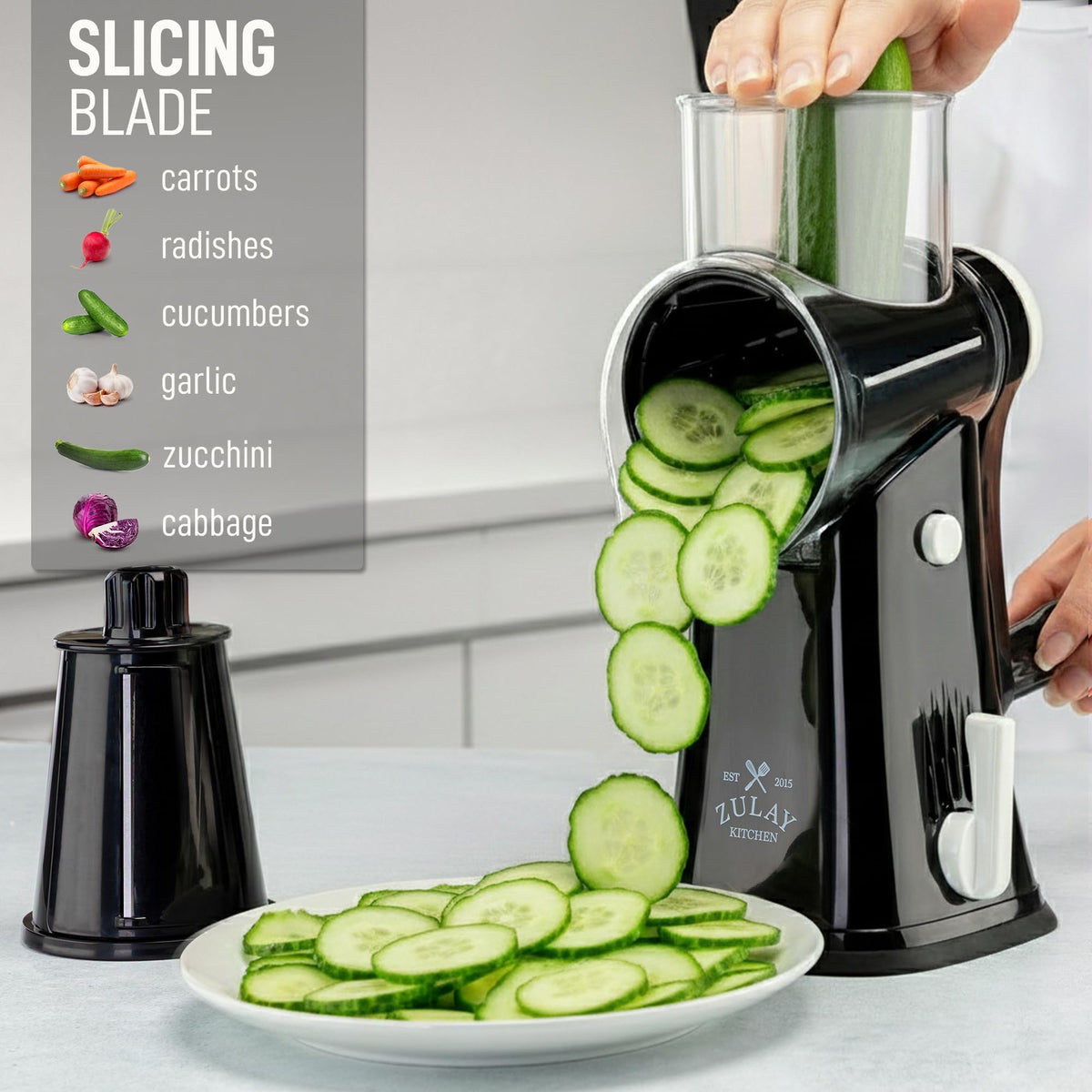 Five-blade drum system of Zulay Kitchen rotary grater for versatile cuts