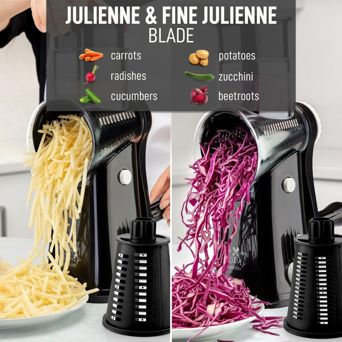Different shredding options on the Zulay Kitchen grater for vegetables and cheese