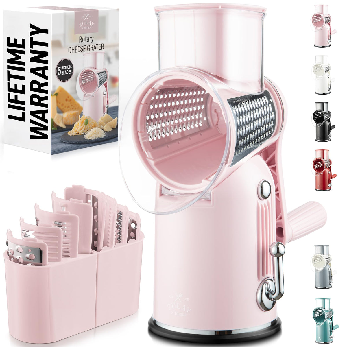 Zulay Kitchen rotary cheese grater in action for fast shredded cheese.