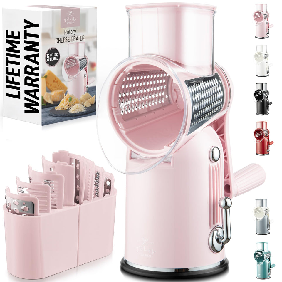 Zulay Kitchen rotary cheese grater in action for fast shredded cheese.