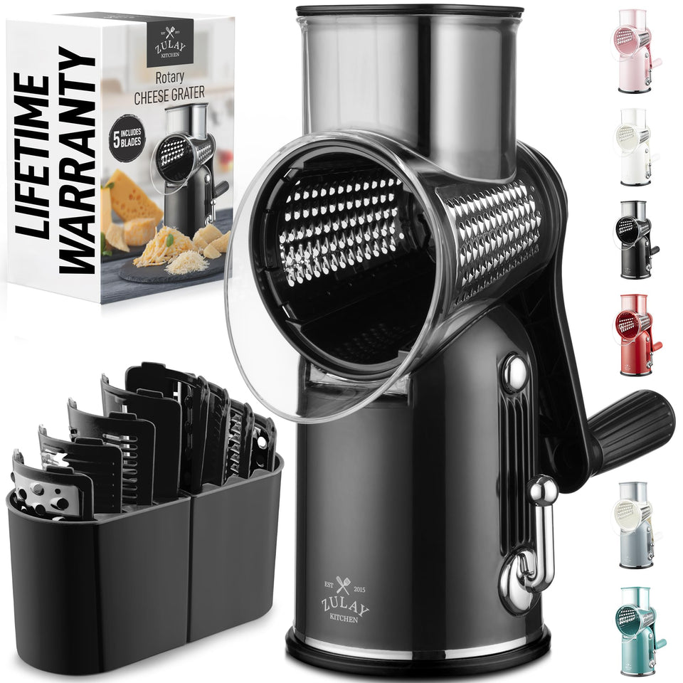 Zulay Kitchen rotary cheese grater hopper enables safe shredding and fast prep.