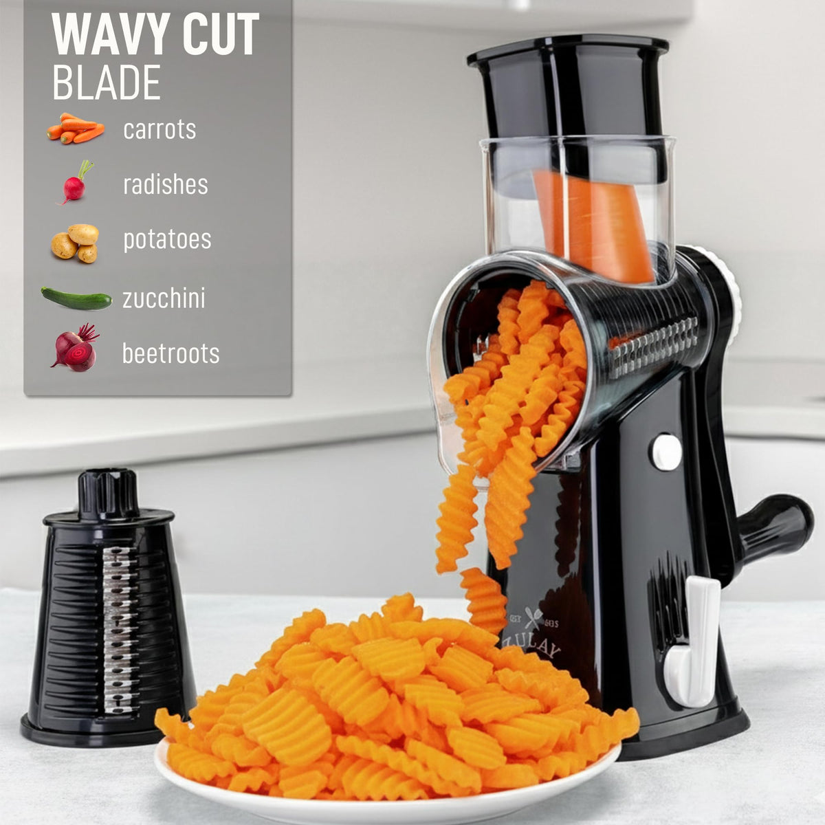 Turn the Zulay grater handle for fast, hands-free shredding action