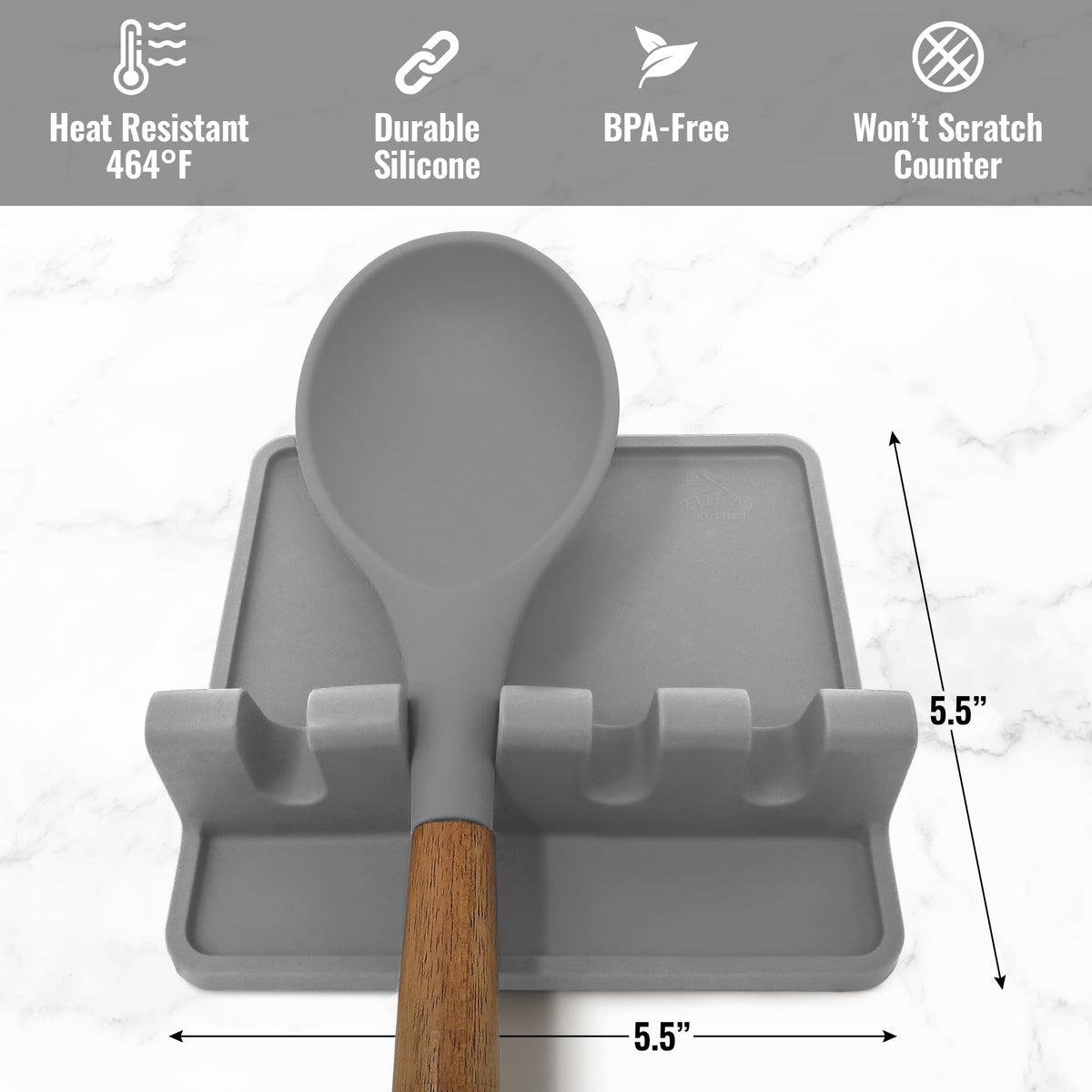 Zulay Kitchen silicone utensil rest is dishwasher-safe for easy cleanup.