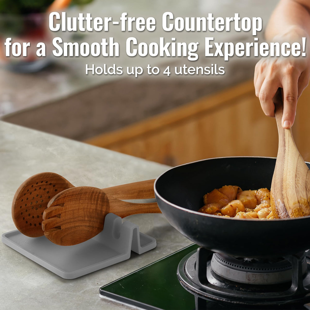 Zulay Kitchen silicone utensil rest near stove demonstrates heat resistance.