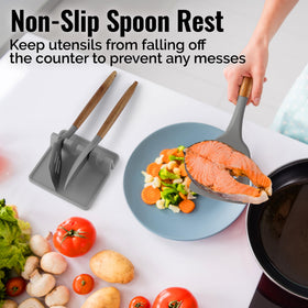 Zulay Kitchen silicone utensil rest with non-slip base prevents sliding.