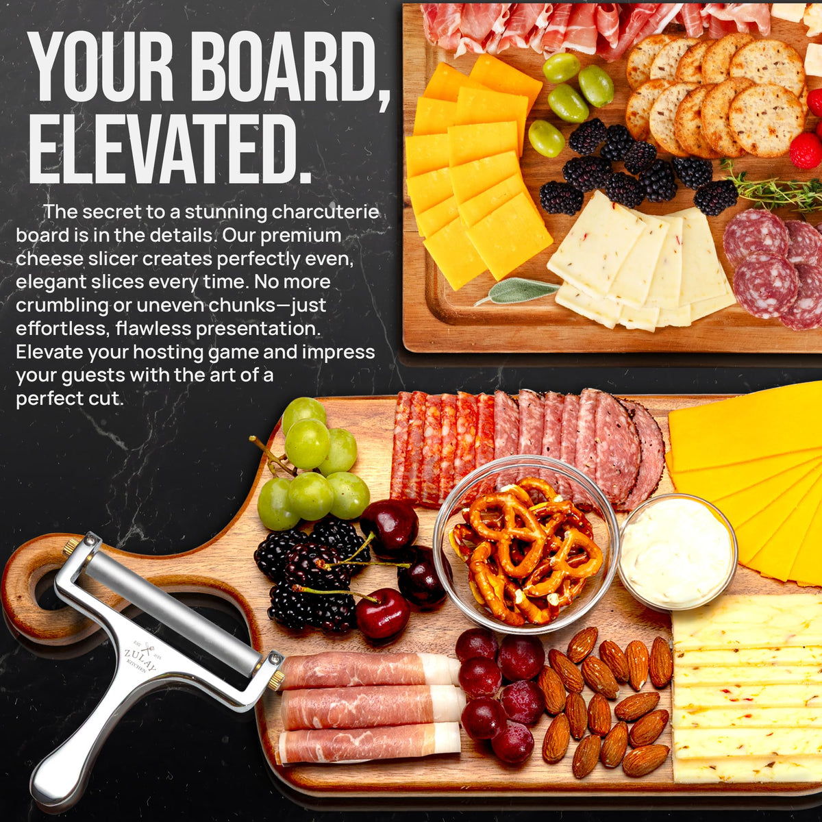 Zulay Kitchen versatile cheese types like cheddar and brie showcased.