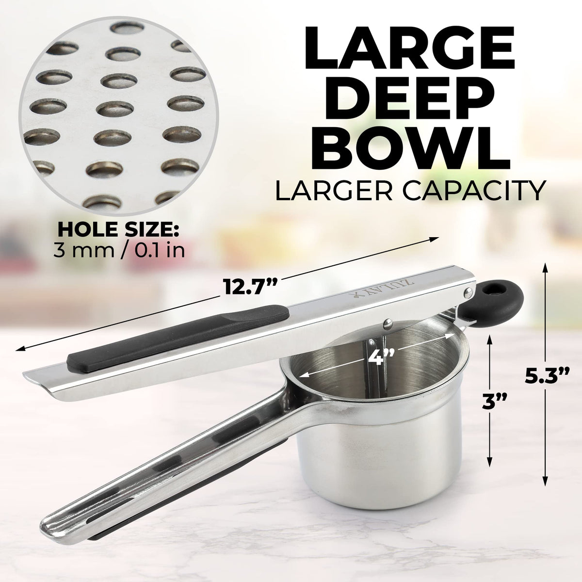 Zulay Kitchen soft silicone-handle ricer reduces wrist strain during pressing.