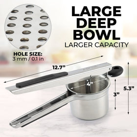 Zulay Kitchen soft silicone-handle ricer reduces wrist strain during pressing.