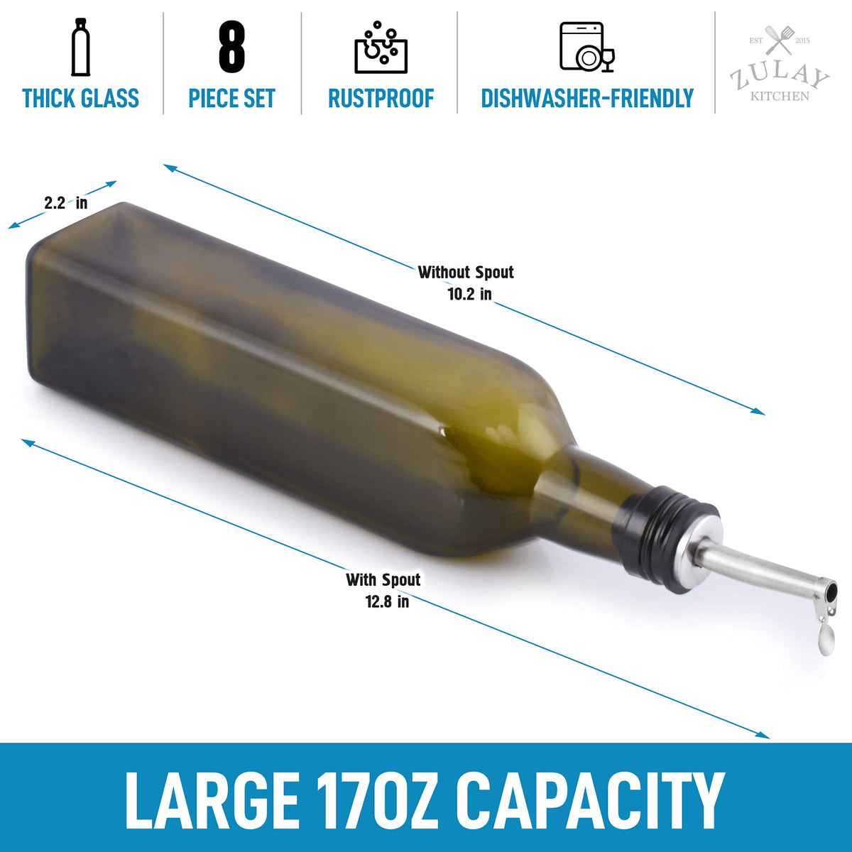Zulay spout with dust cap keeps liquids fresh.