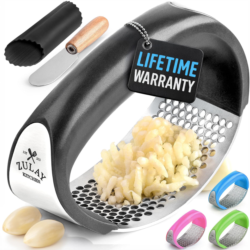 Zulay Kitchen garlic press rocker with ergonomic handle for effortless mincing.