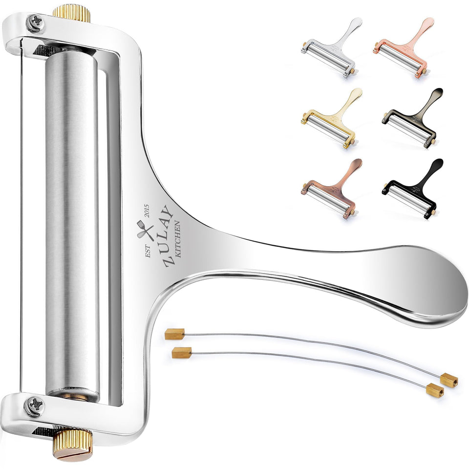 Zulay Kitchen stainless steel cheese slicer with ergonomic handle for precise cuts.