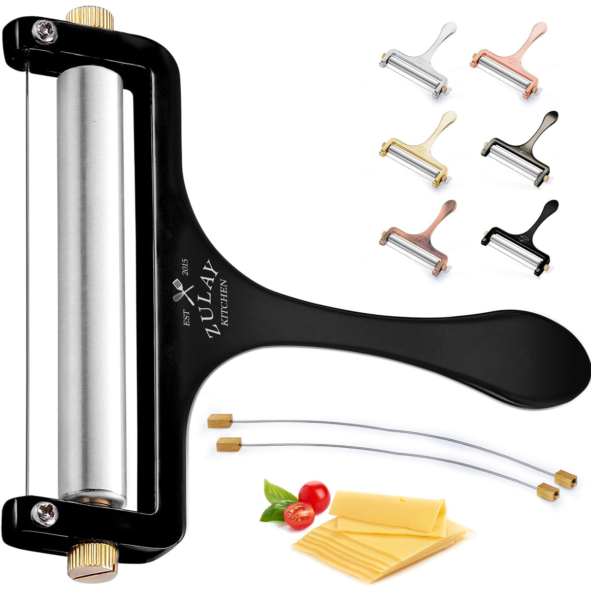 Zulay Kitchen stainless steel wire cheese slicer with roller for even mozzarella slices.
