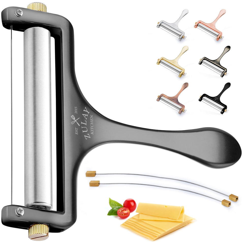 Zulay Kitchen cheese slicer with stainless steel wire and roller for precise cuts