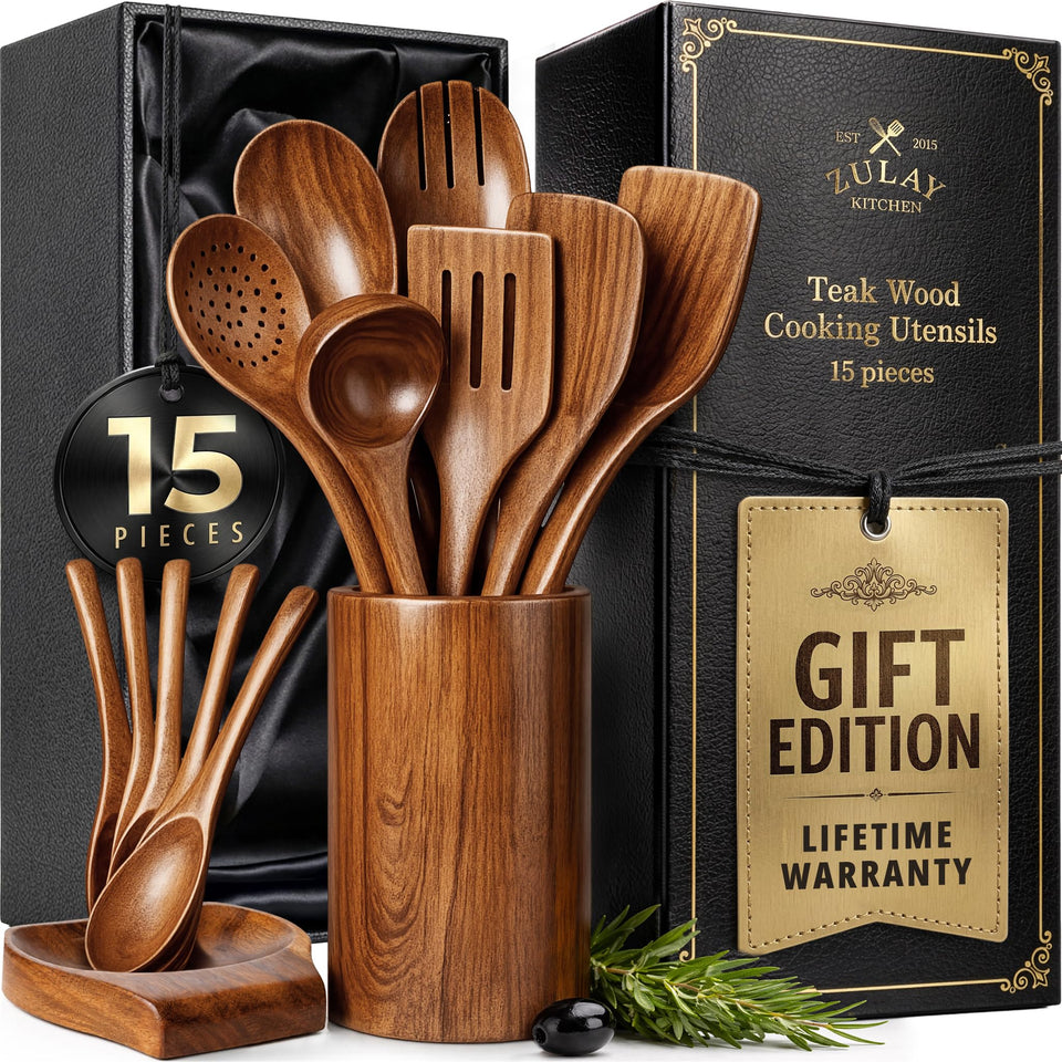 Zulay Kitchen 15-piece teak utensils set in gift box for gifting