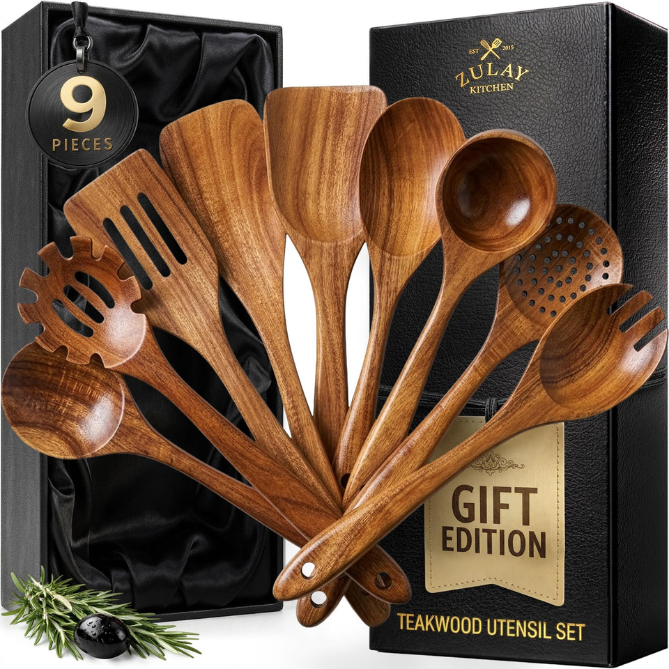 Zulay Kitchen teak 9-piece set in elegant gift box for gifting and home use
