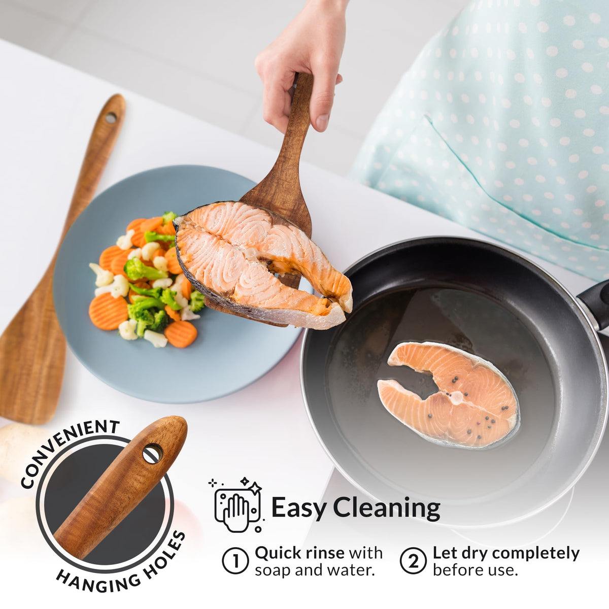 Zulay Kitchen teak utensils with hanging hole for storage