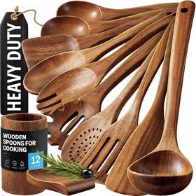 Zulay Kitchen teak utensils salad spoon on counter for even greens