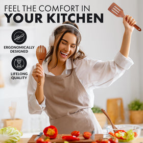 Zulay Kitchen teak wood utensils featuring ergonomic, comfortable grips.