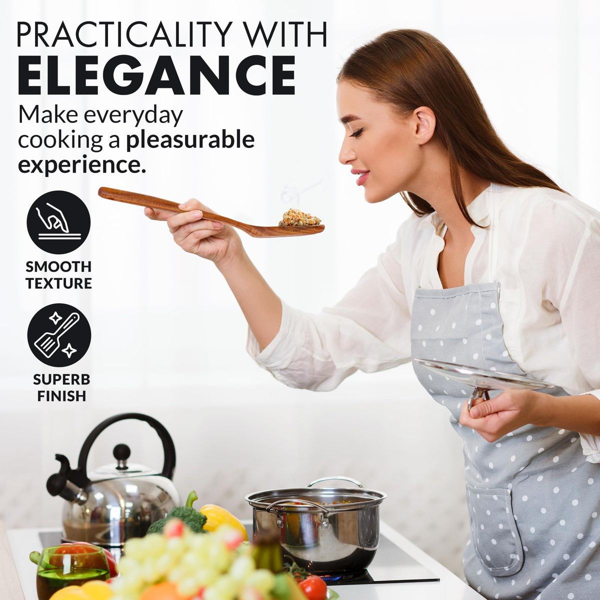 Zulay Kitchen teak utensils with a glossy lacquer finish for easy cleaning.