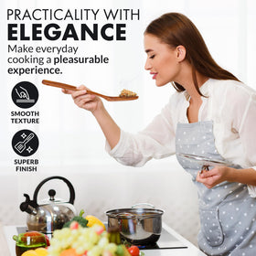 Zulay Kitchen teak utensils with a glossy lacquer finish for easy cleaning.