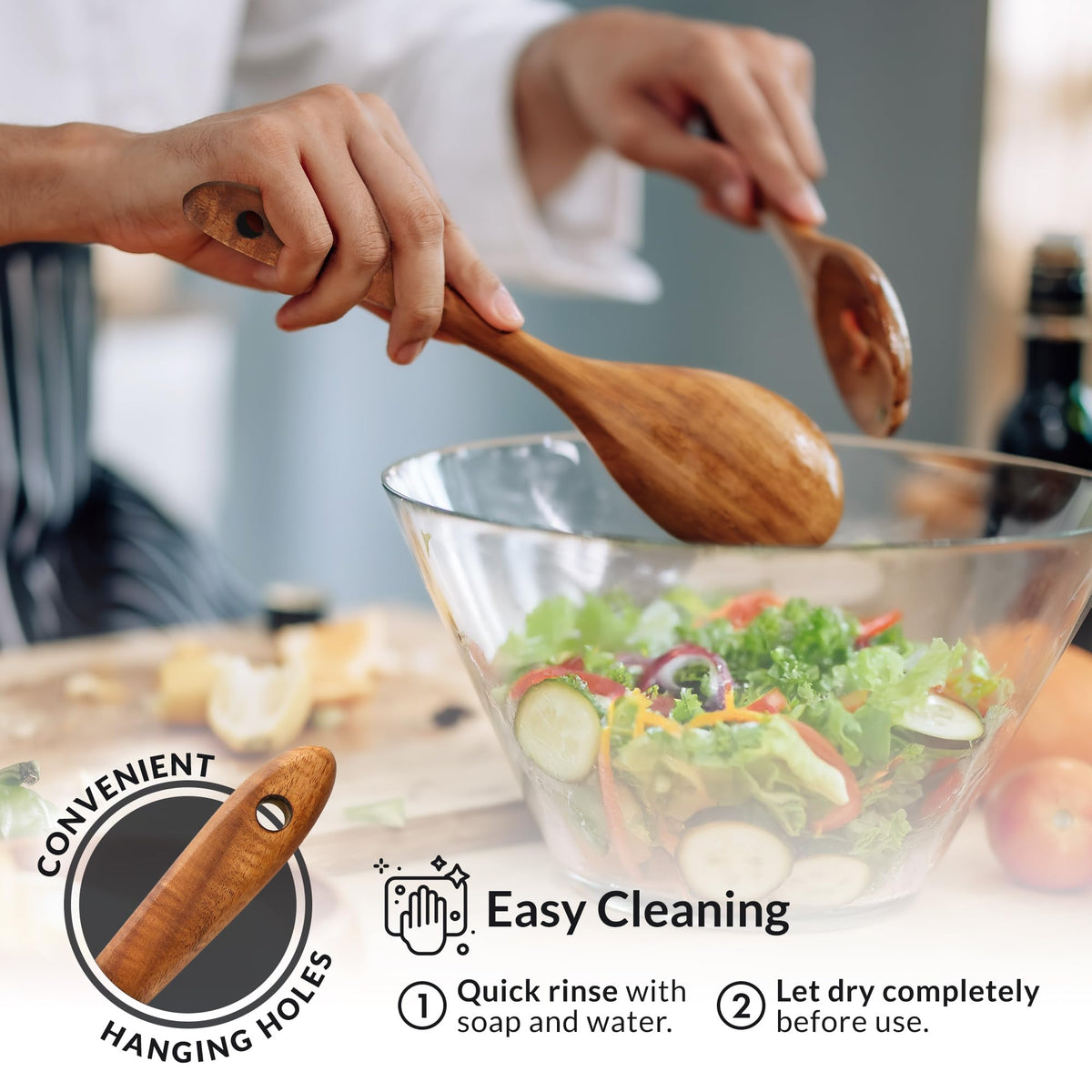 Zulay Kitchen teak serving spoon ideal for tossing and serving dishes.