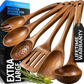 Zulay Kitchen teak utensils set on counter, full six-piece collection.
