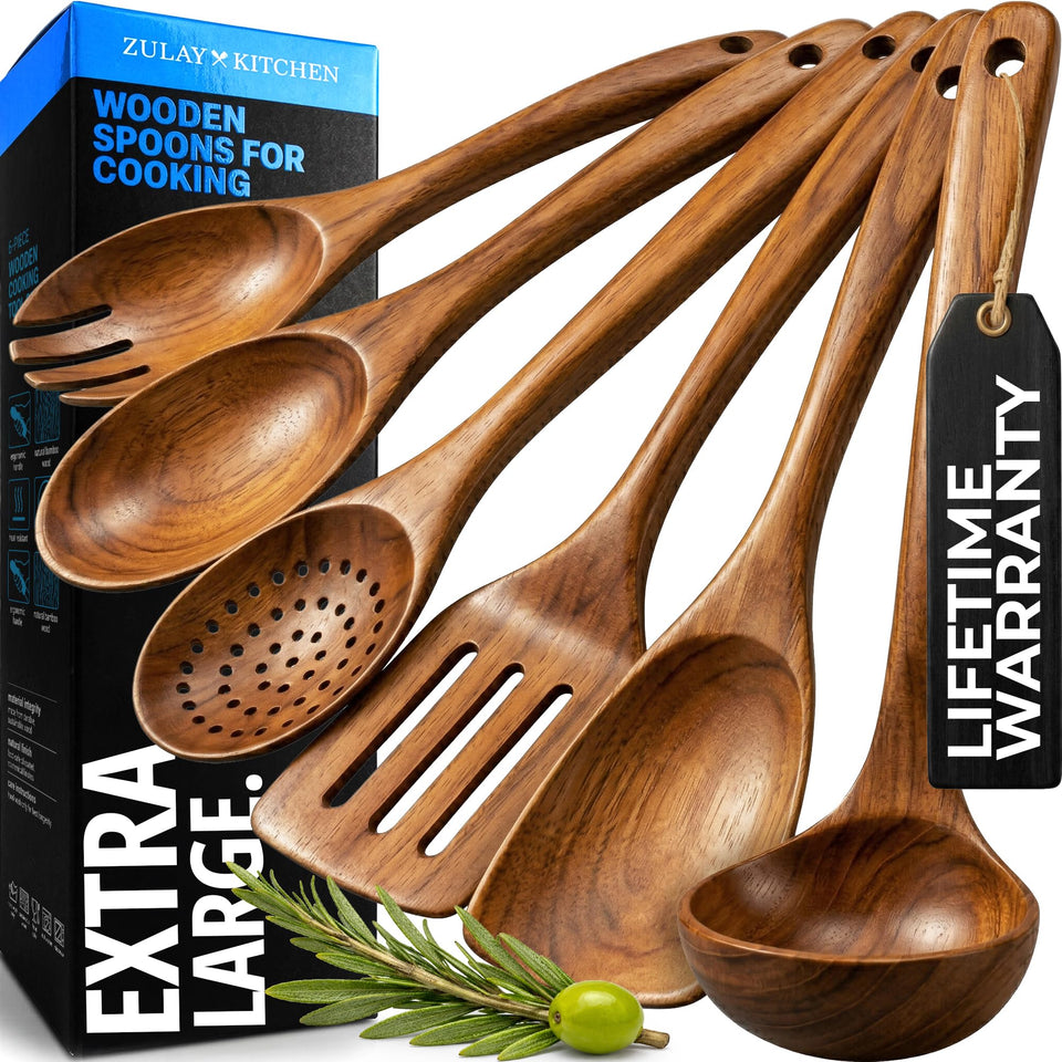 Zulay Kitchen teak utensils set on counter, full six-piece collection.