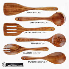 Close-up of Zulay Kitchen teak skimmer designed to lift foods safely.