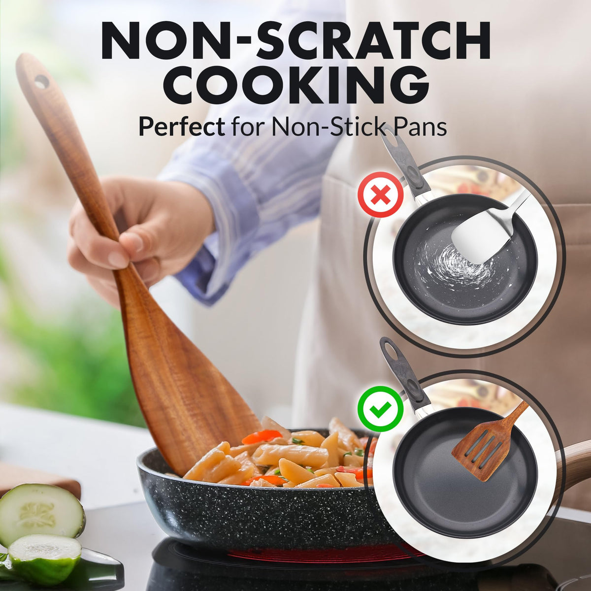 Zulay Kitchen teak turner used on a non-stick pan, scratch-free performance.