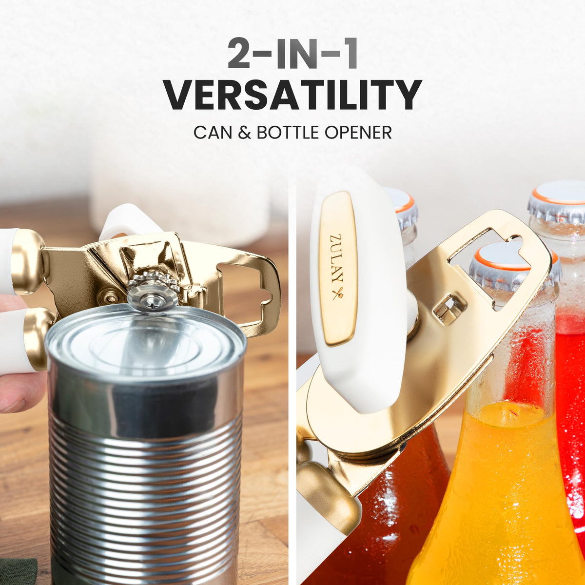 Zulay Kitchen top bottle opener feature enables fast bottle access after opening cans.