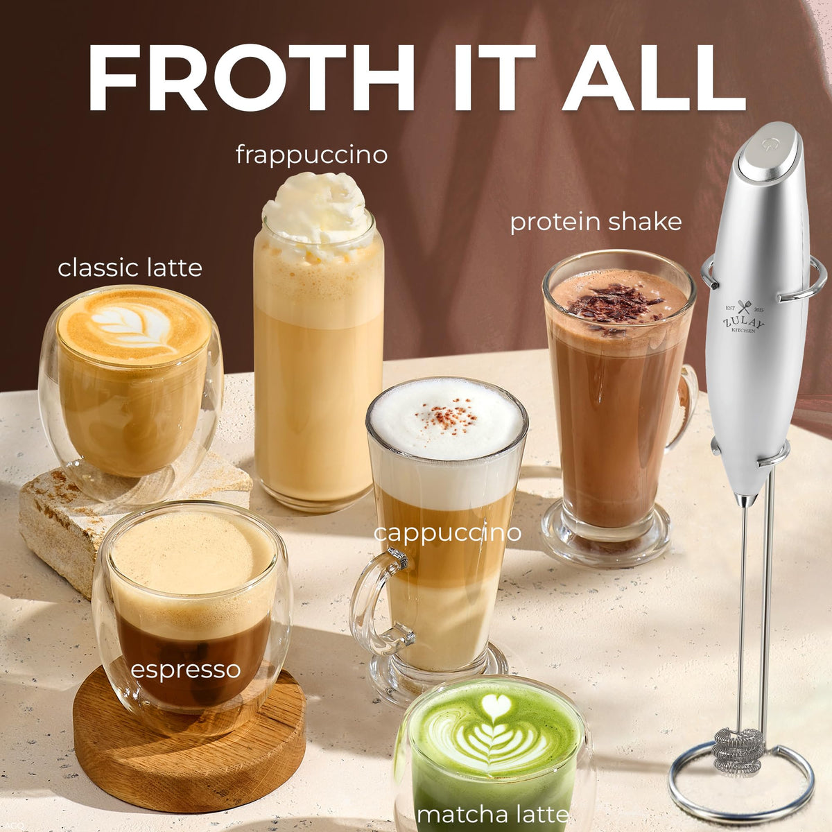 Zulay battery-powered cordless frother for use anywhere