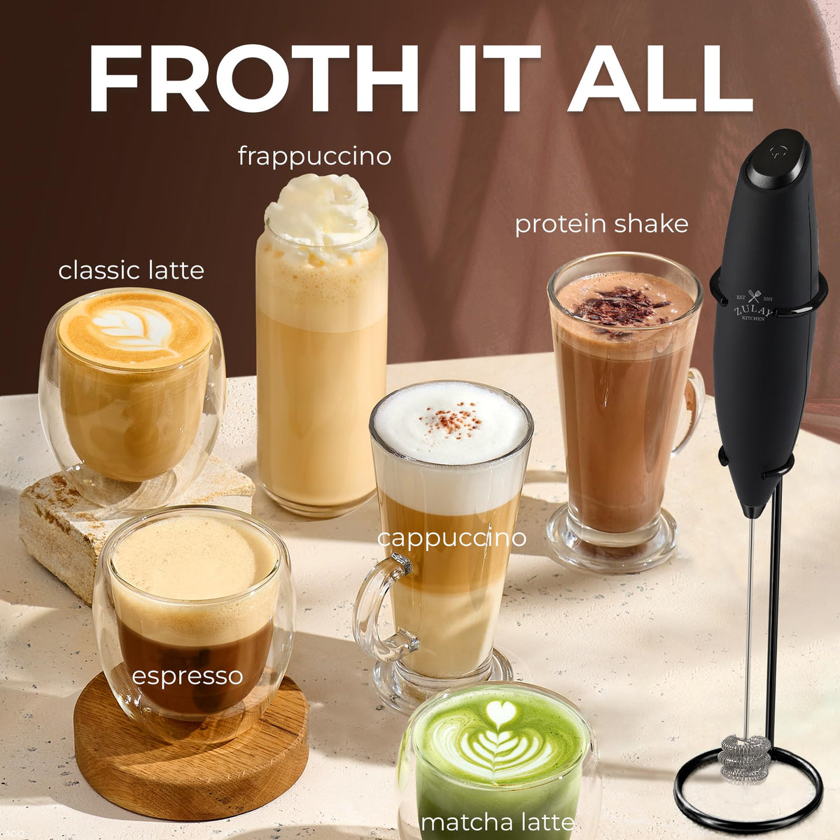 Zulay Kitchen hot chocolate foam created with the frother