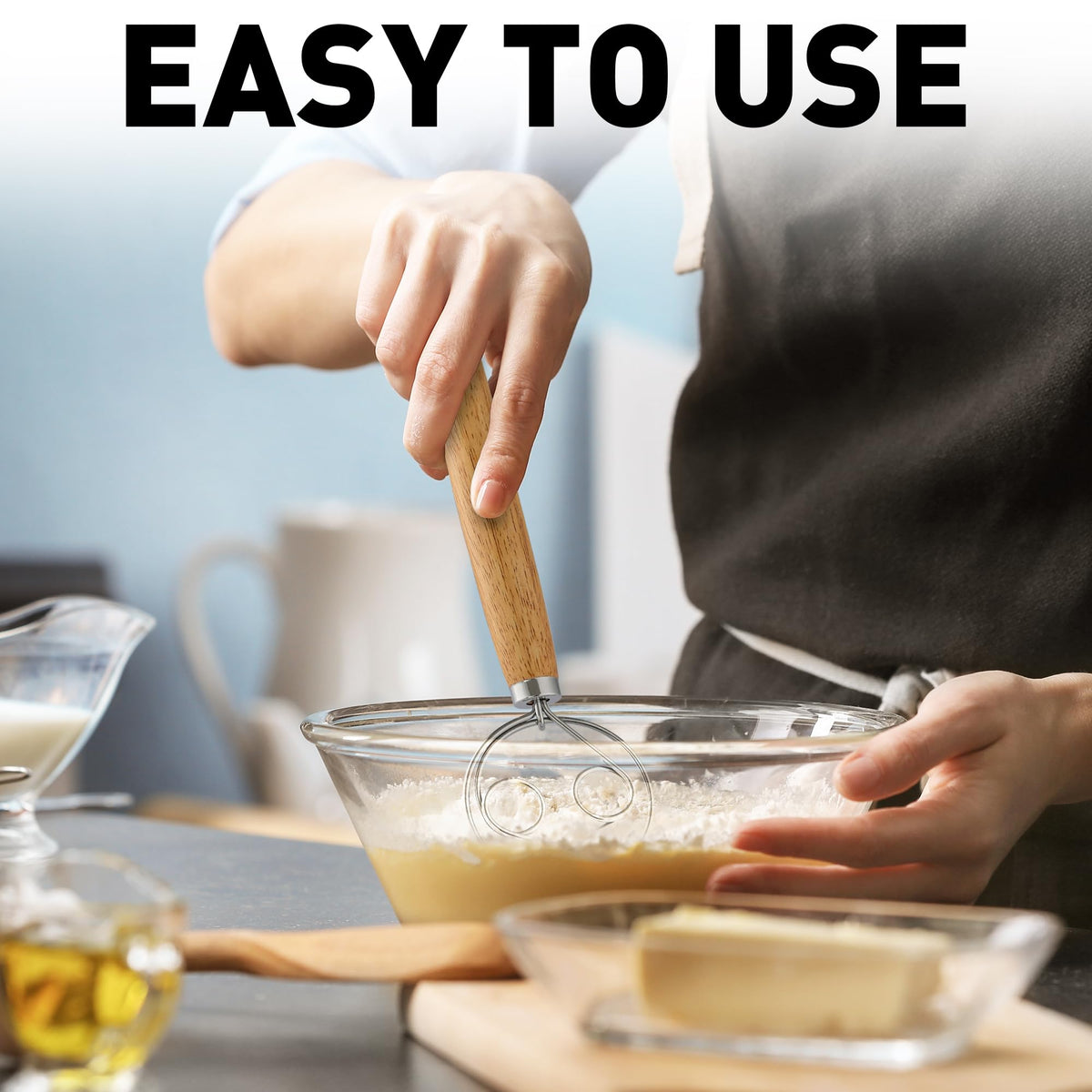 Zulay Kitchen two eyes dough whisk in bowl for quick batter.
