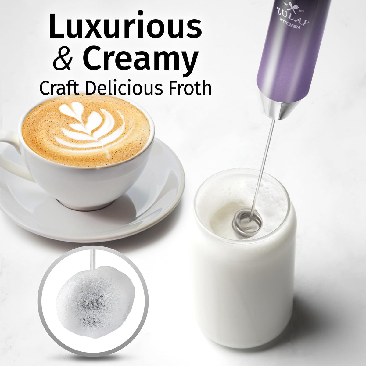 Zulay Kitchen two-speed motor frother for quick latte foam and cappuccino crema.
