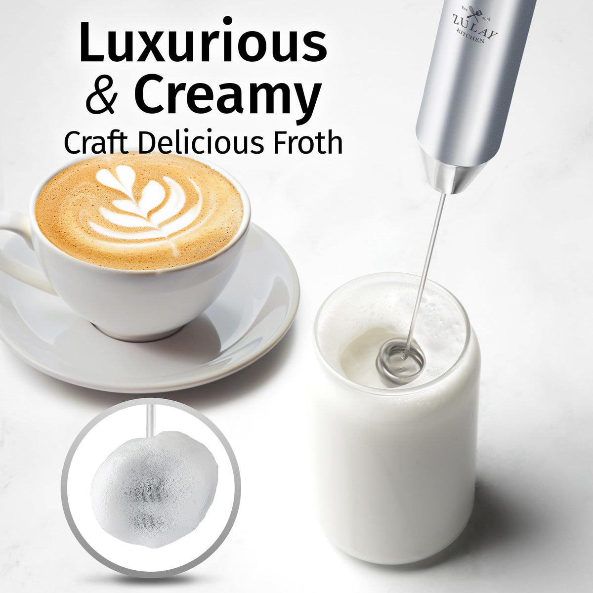 Zulay Kitchen two-speed motor provides tailored froth for hot or cold drinks.