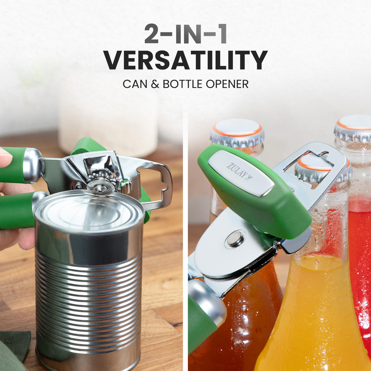 User opens a can effortlessly with Zulay Kitchen opener.
