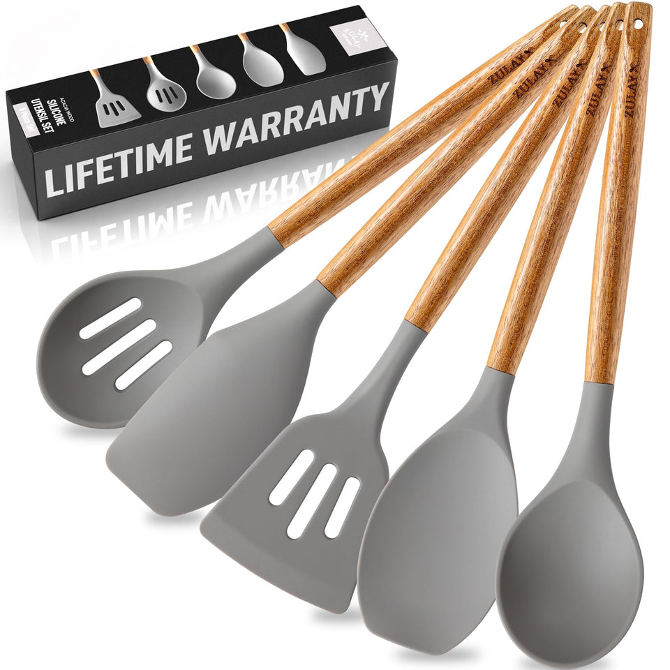 Zulay Kitchen non-stick silicone soup ladle for gentle stirring in non-stick pans.