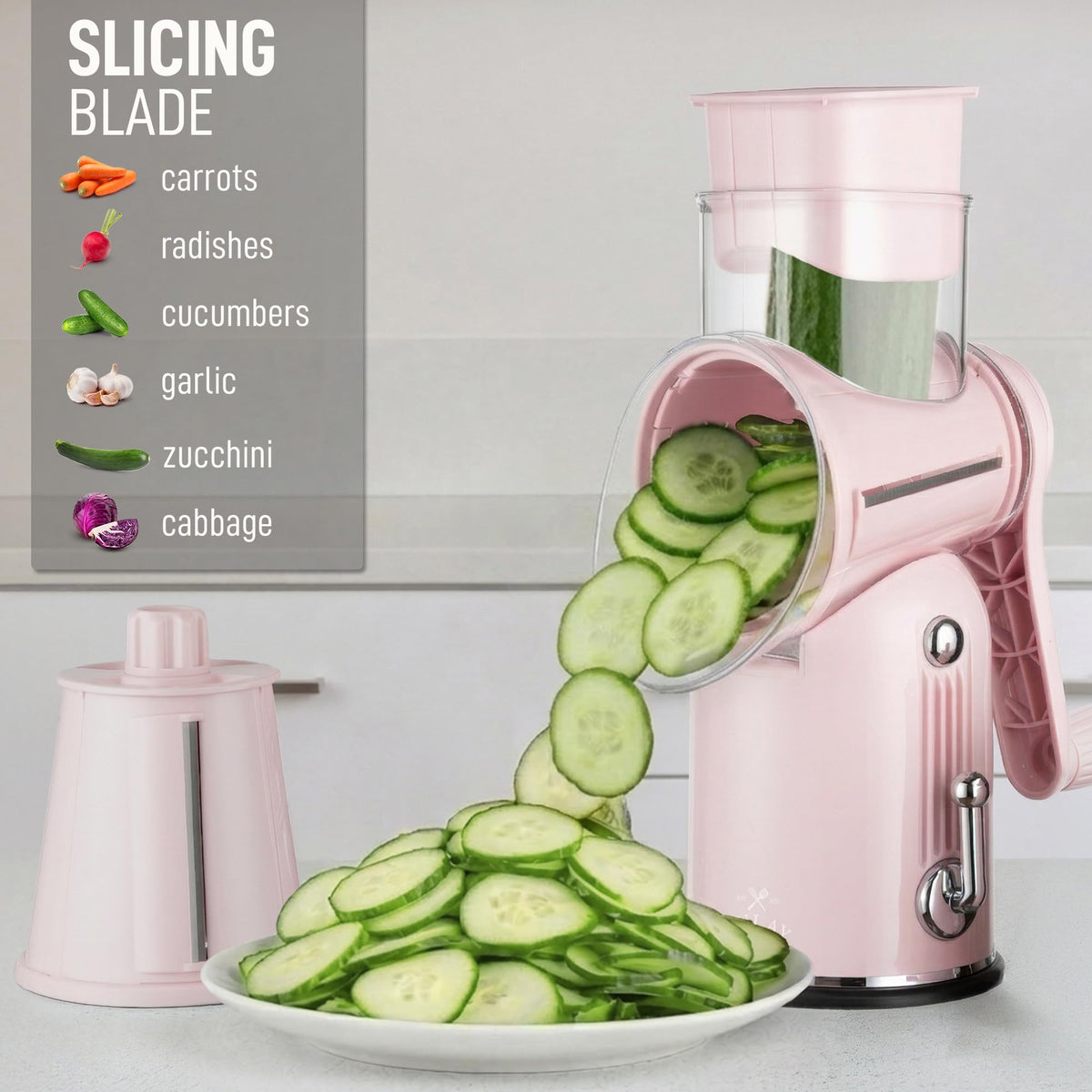Interchangeable blades demonstrate slicing and julienne options for veggies.
