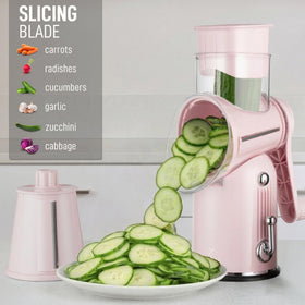 Interchangeable blades demonstrate slicing and julienne options for veggies.