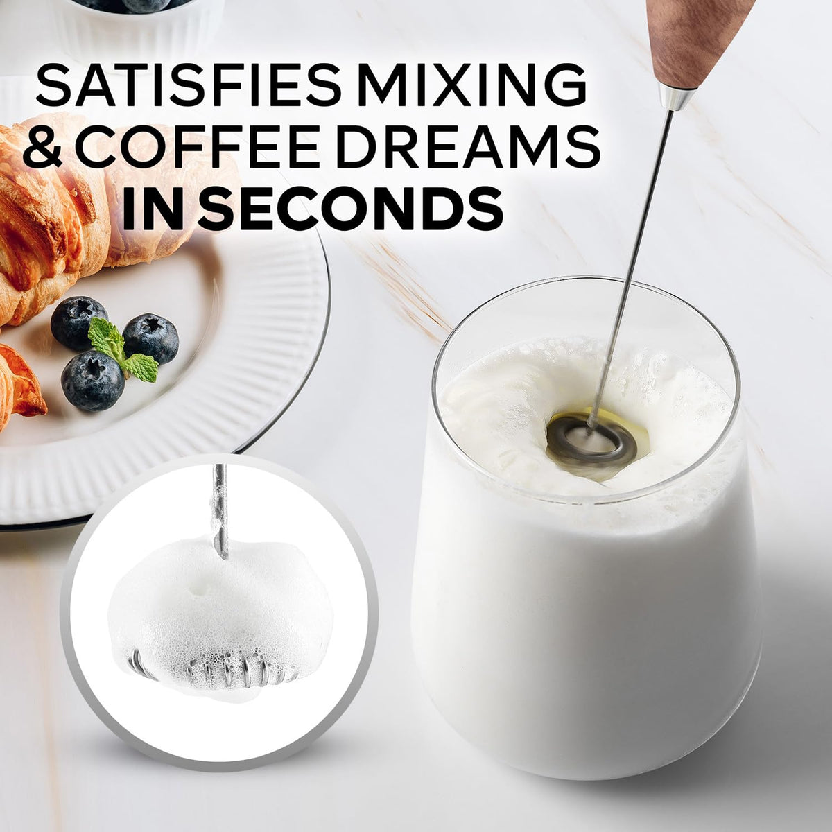 Zulay Kitchen frother wand in use foaming milk for latte